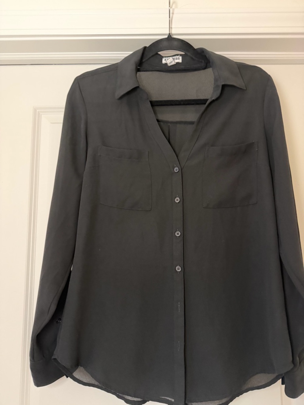 Express Black Button-Down Blouse with Chest Pockets
